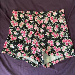 size 6 h&m black high waisted shorts with pink floral rose detail